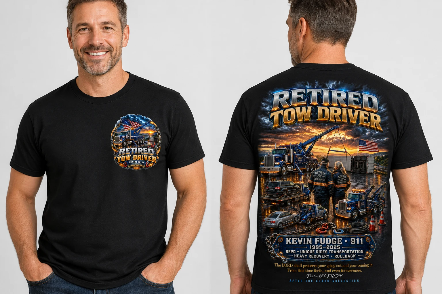 Retired Tow Driver Tribute Shirt shown on shirts